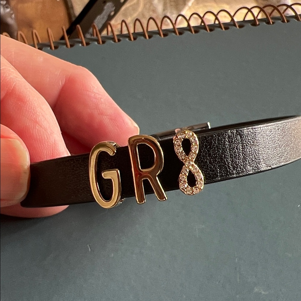 KEEP COLLECTIVE black leather bracelet with 3 charms G, R, and 8 or infinity
